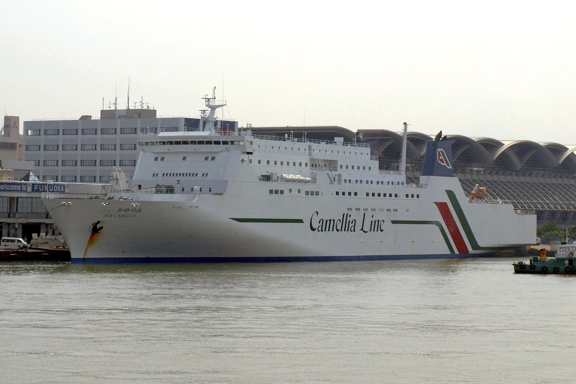 The New Camellia, the white Camellia Line car ferry with its red and green stripe, sailing out of Hakata Port