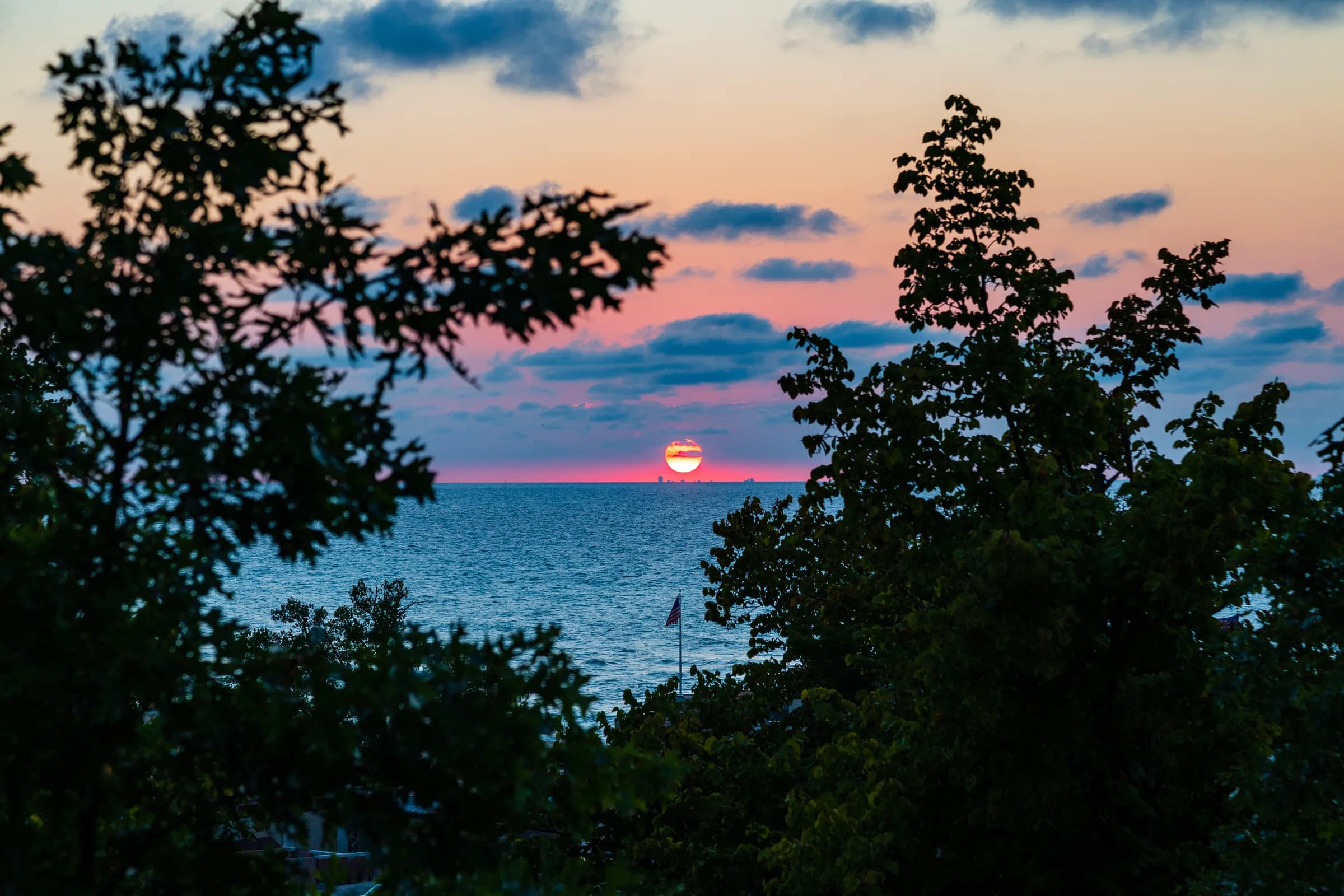 Lake Michigan from the dunes — an hour and a half from Millennium Station, and the skyline sits on the horizon.